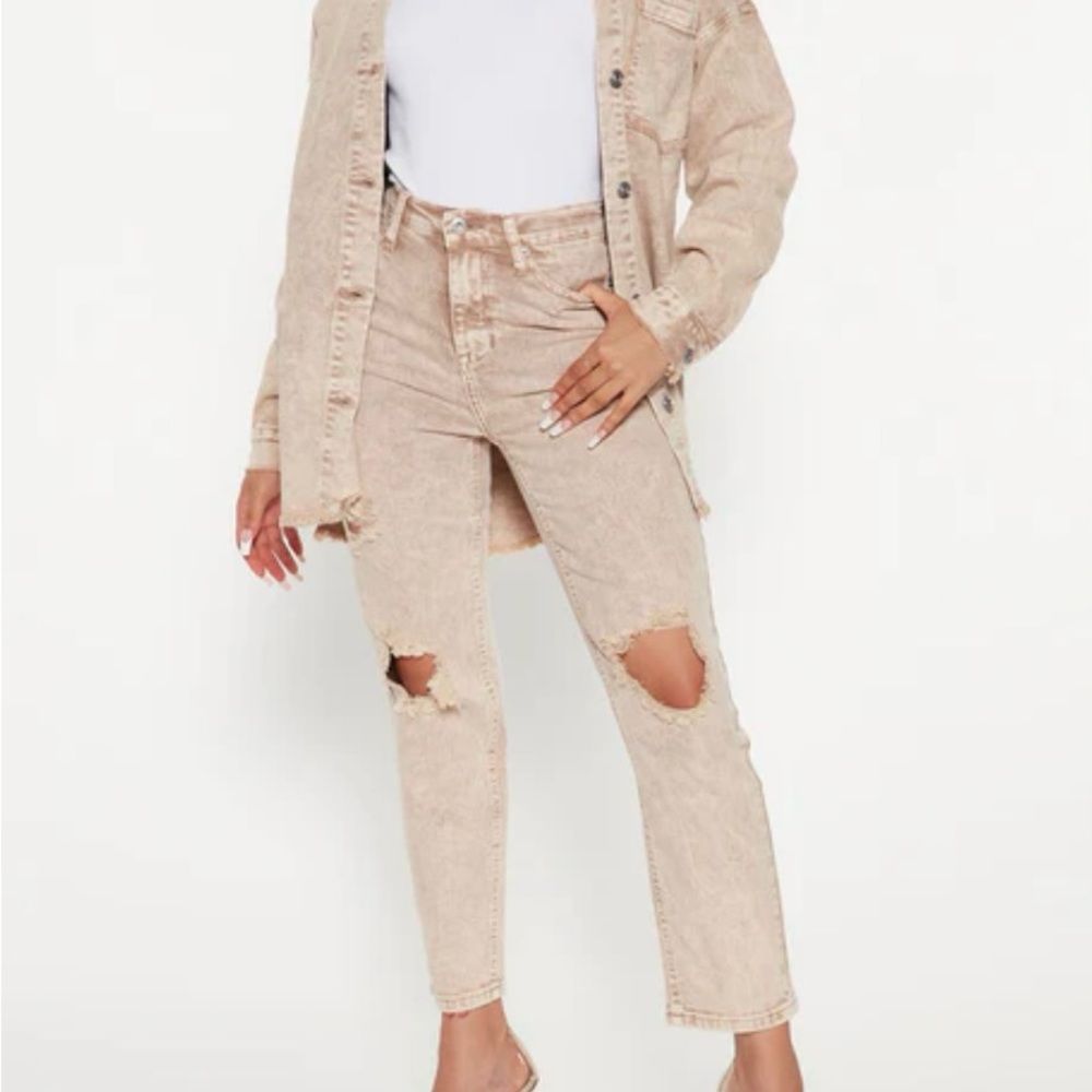 Fashion Nova Tan Ankle Cropped Jeans with Distressed Details